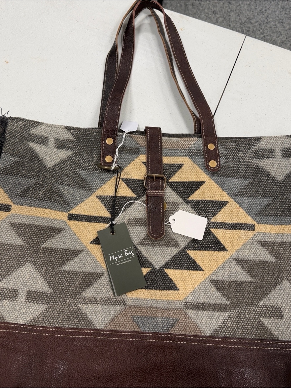Myra Bag Geometric Tote in Brown, Yellow, Gray
